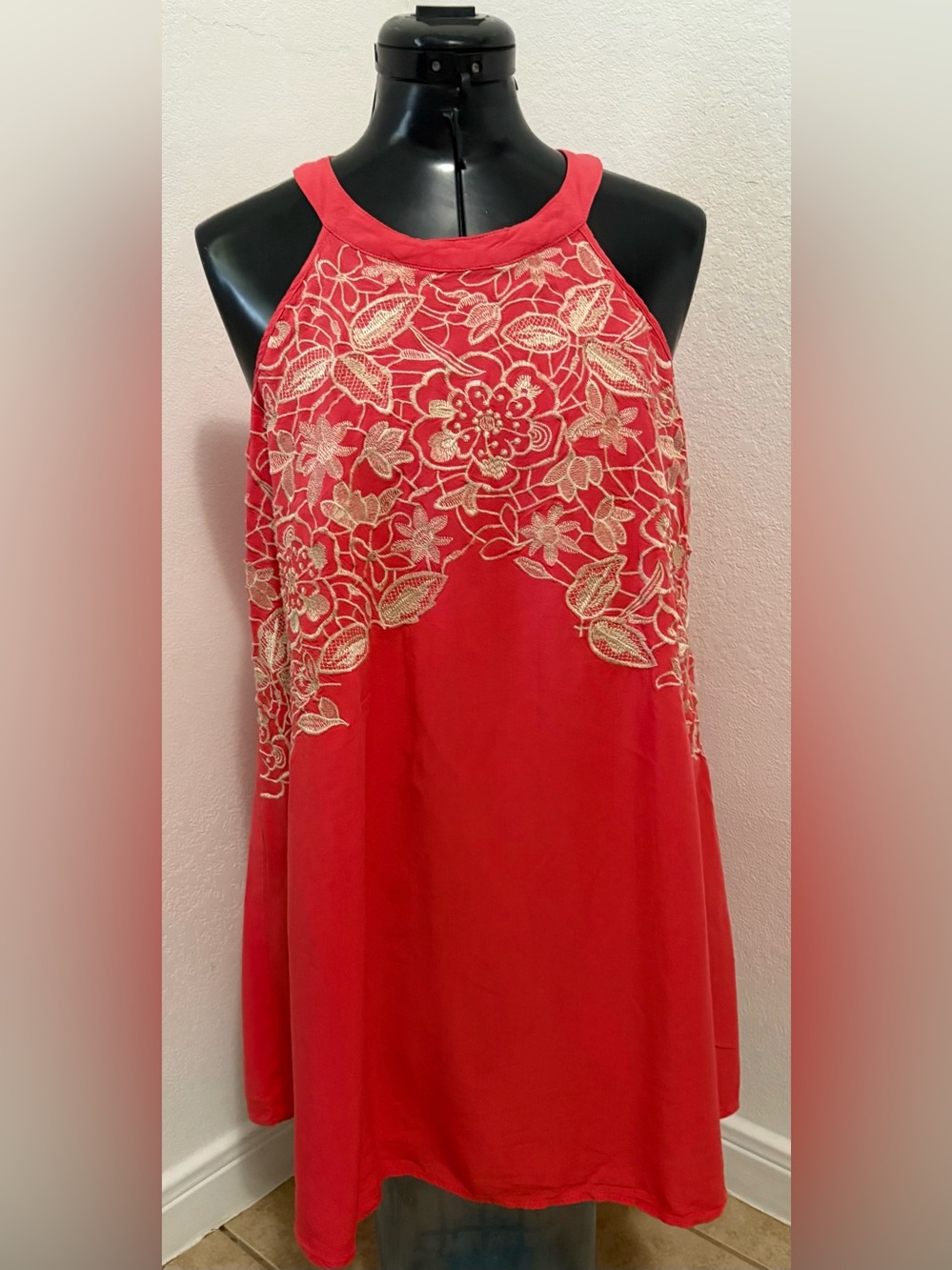 anthropologie Andree By Unit Women’s Coral With Cream Embroidered Tunic Size L